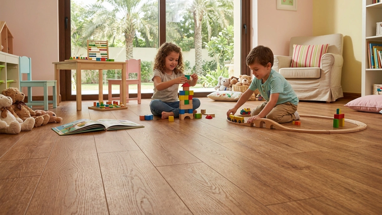 Cushioned and sustainable cork wood-look flooring installed in a children's playroom in Umm Suqeim by Karnak Carpentry.