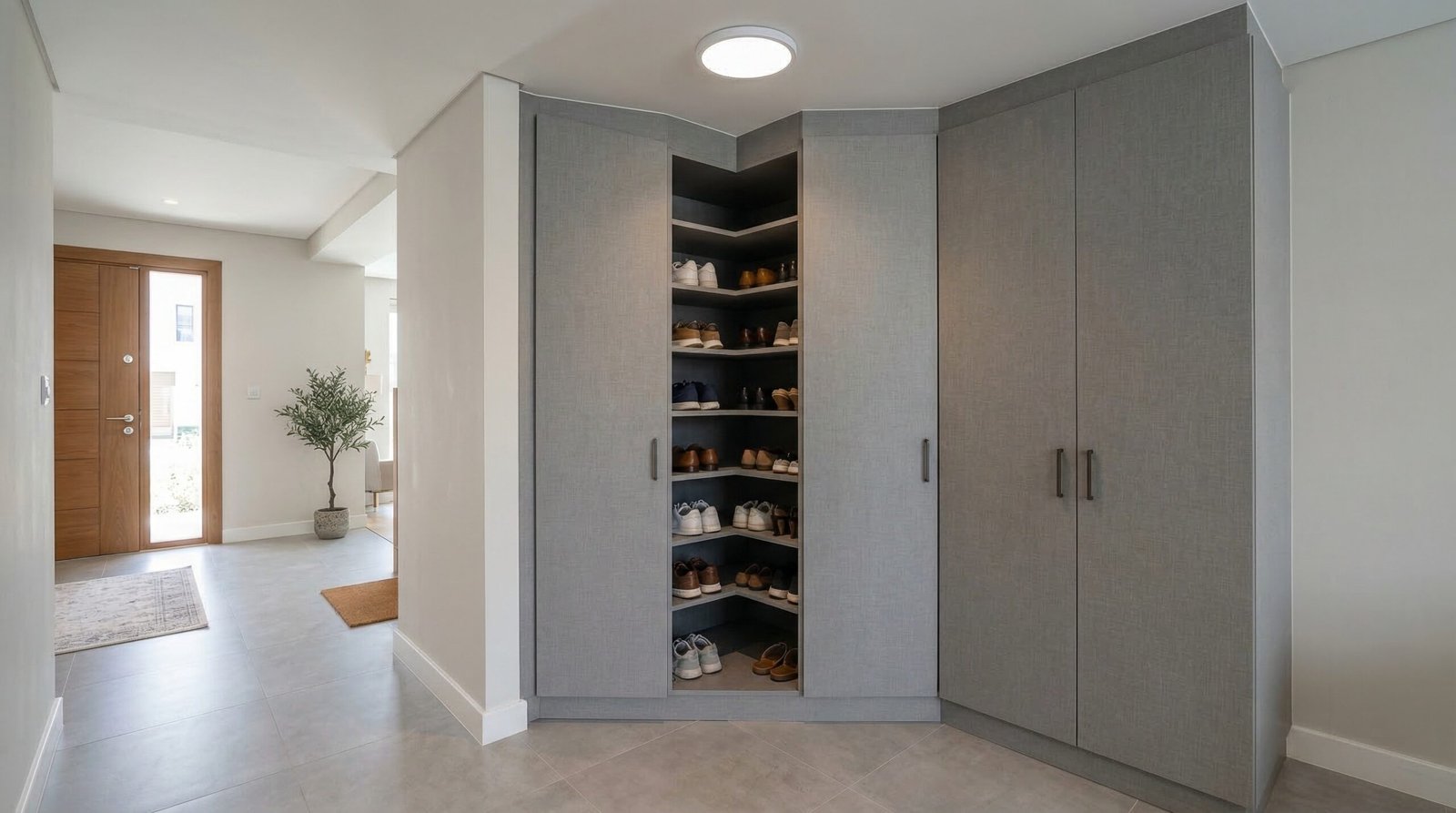 Bespoke custom-built shoe cabinet filling awkward angled corner in grey linen laminate in Dubai Sports City townhouse entrance