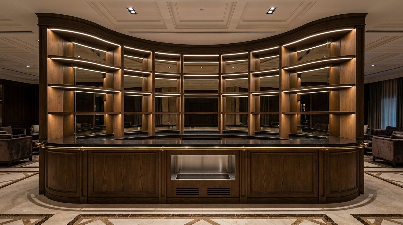 Curved ebony oak bar back shelving unit with mirrored panels and brass rail in a Dubai hotel lounge by Karnak Carpentry