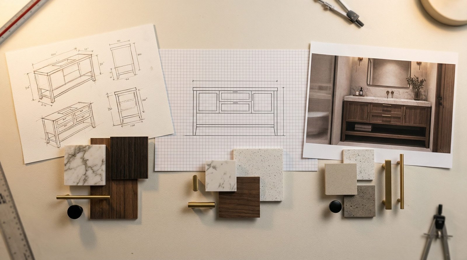 Custom bathroom vanity design process flat-lay showing sketch, elevation drawing, 3D render, and material swatches in UAE studio