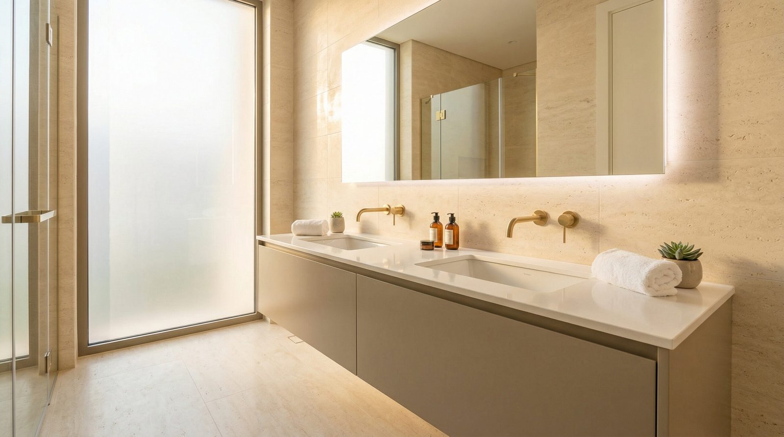 Custom wall-mounted bathroom vanity with double ceramic basins and brushed gold tapware in UAE villa master ensuite