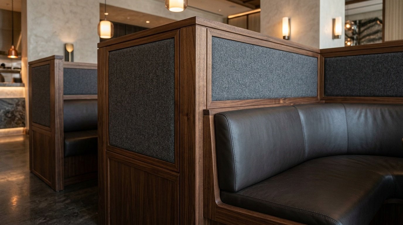 High-backed custom walnut wood privacy booth with integrated acoustic panels in a DIFC restaurant.