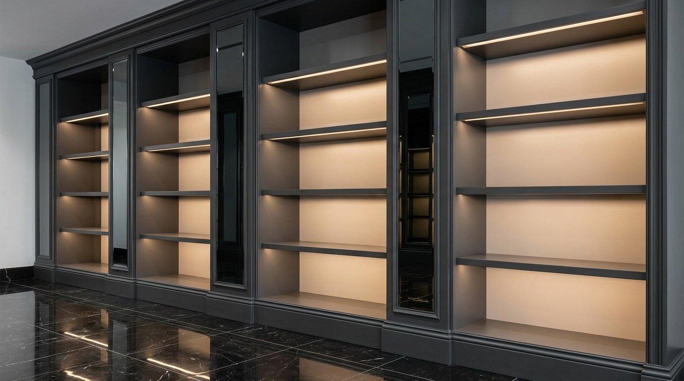 Wall-anchored custom display towers with smoked mirror panels and adjustable LED shelving in a UAE luxury boutique by Karnak Carpentry