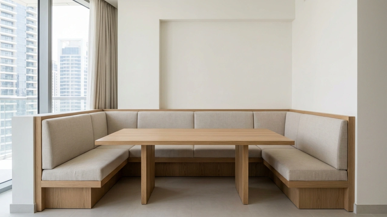 Integrated built-in dining banquette and matching custom wood table installation in a modern Dubai apartment alcove.