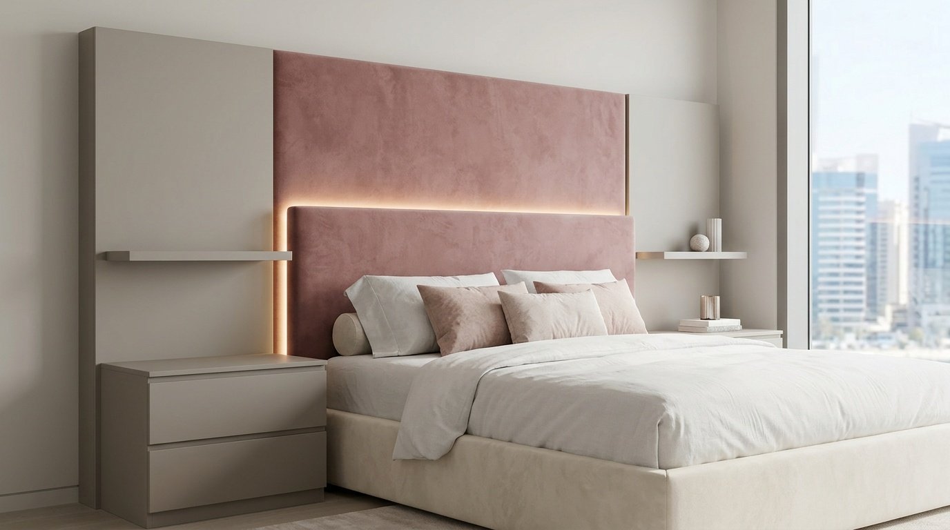 Built-in headboard wall with velvet panel and integrated floating bedside shelves in Abu Dhabi apartment bedroom