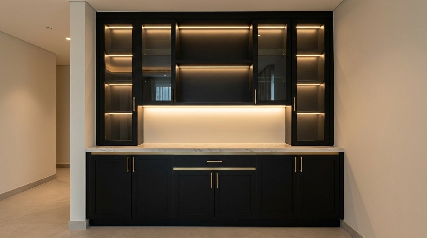 Custom built-in home bar unit in matte black with backlit shelving and gold hardware in Damac Hills Dubai villa