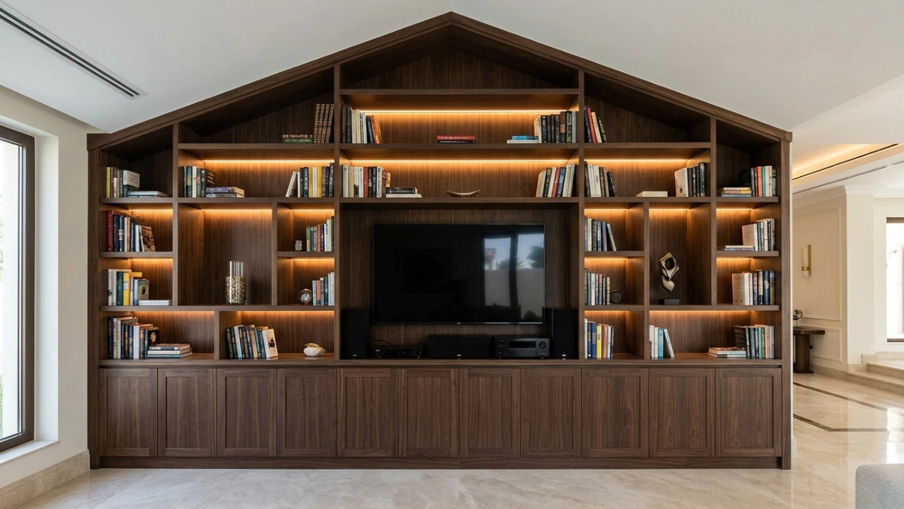 Bespoke walnut built-in library and media unit meticulously fitted to an angled ceiling in a Dubai villa.