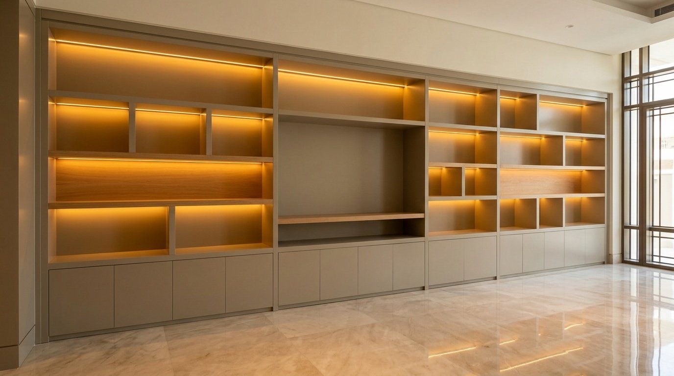 Bespoke floor-to-ceiling living room display and entertainment wall unit with LED cove lighting in a Dubai villa by Karnak Carpentry
