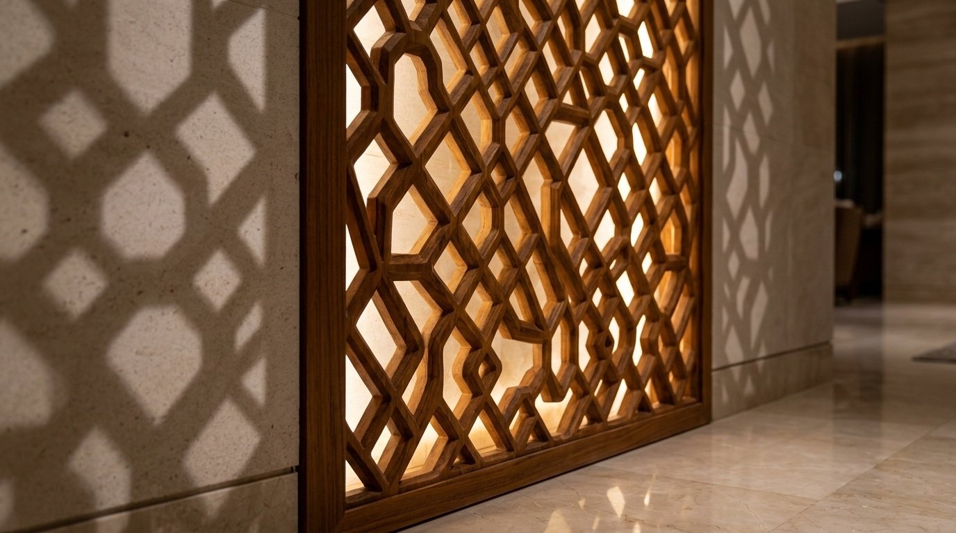 CNC-carved geometric teak wood screen panel with warm LED backlighting in a UAE hospitality venue by Karnak Carpentry