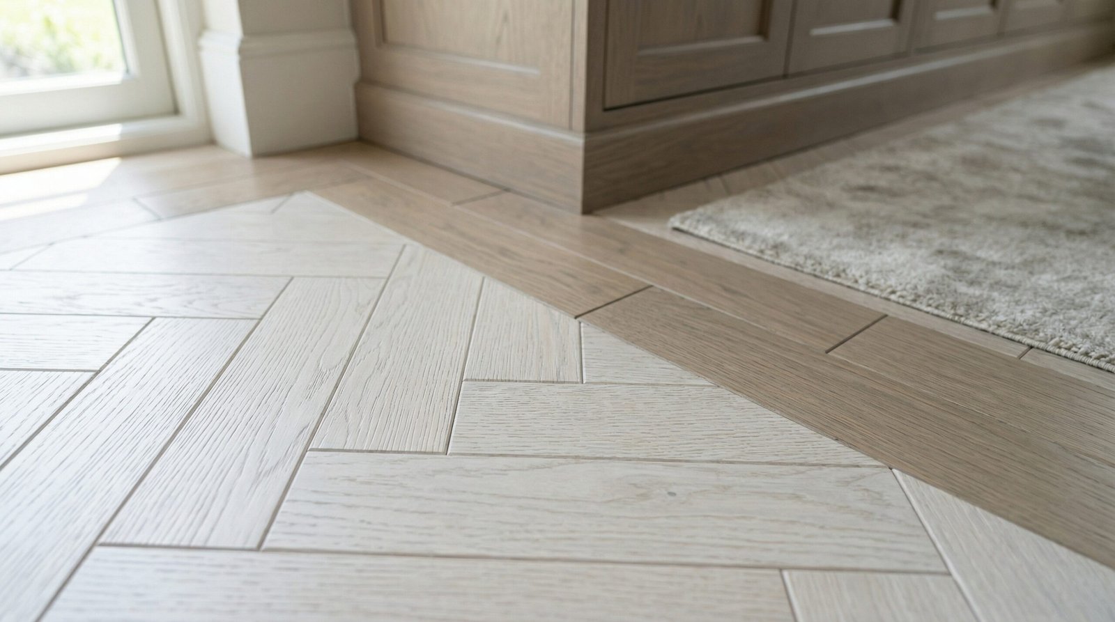 Close-up detail of custom color-matched parquet and perfect joinery.
