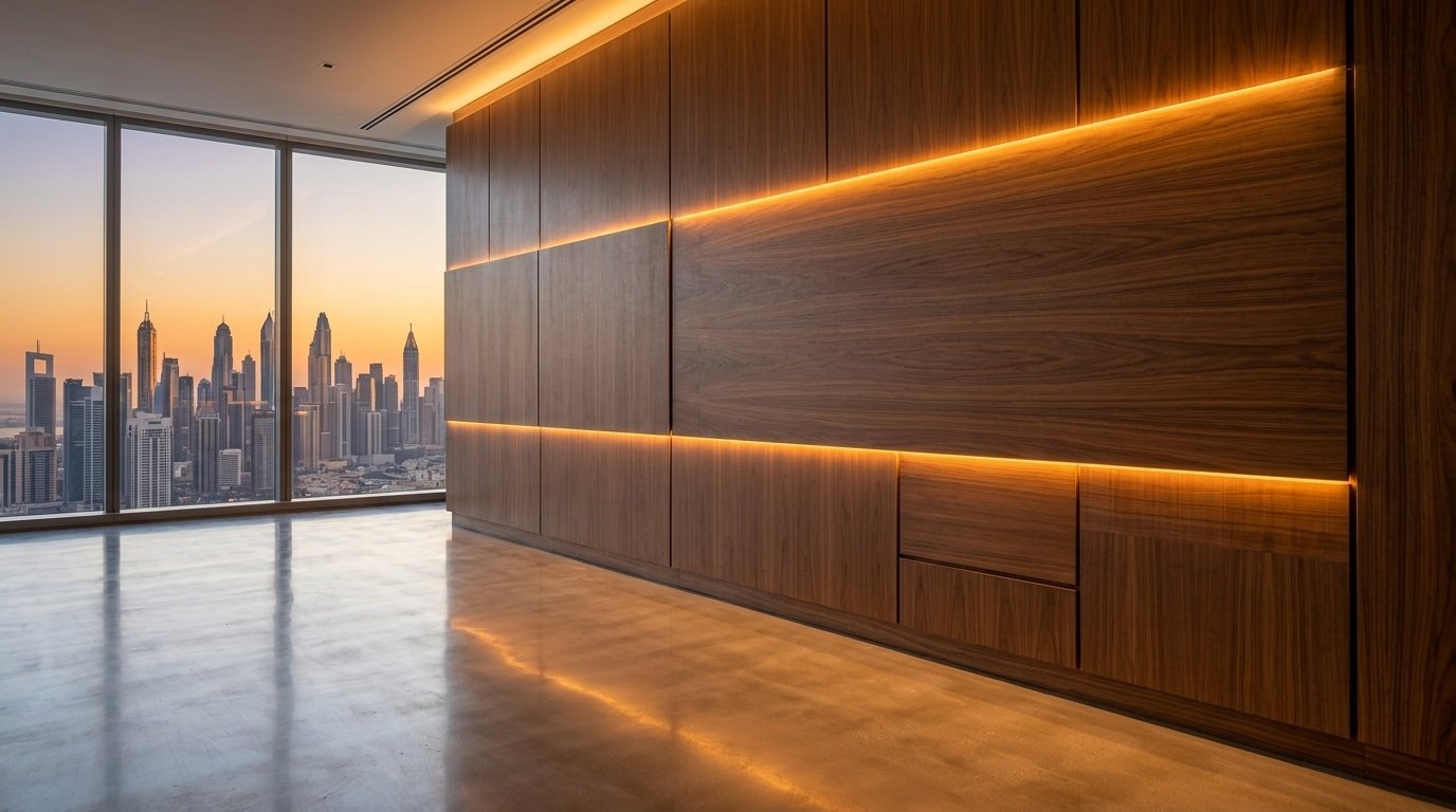 Custom walnut veneer wall paneling with LED integration in a Dubai commercial office fitted by Karnak Carpentry