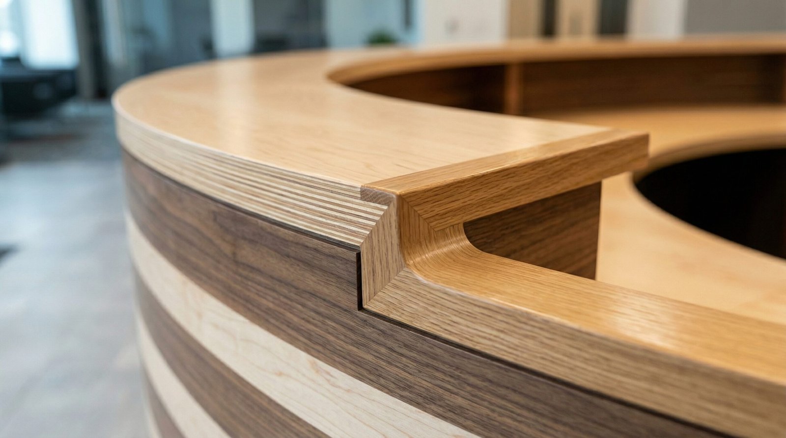 Close-up of complex curved joinery details on a custom wood reception desk in a Dubai office.