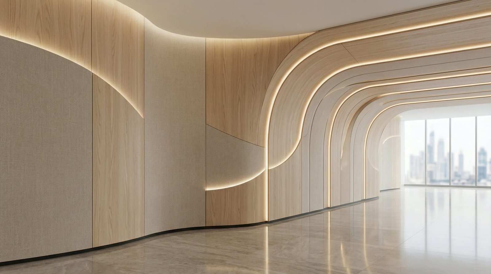Custom curved ash wood and acoustic wall paneling with integrated LED lighting in a modern Dubai office lobby.