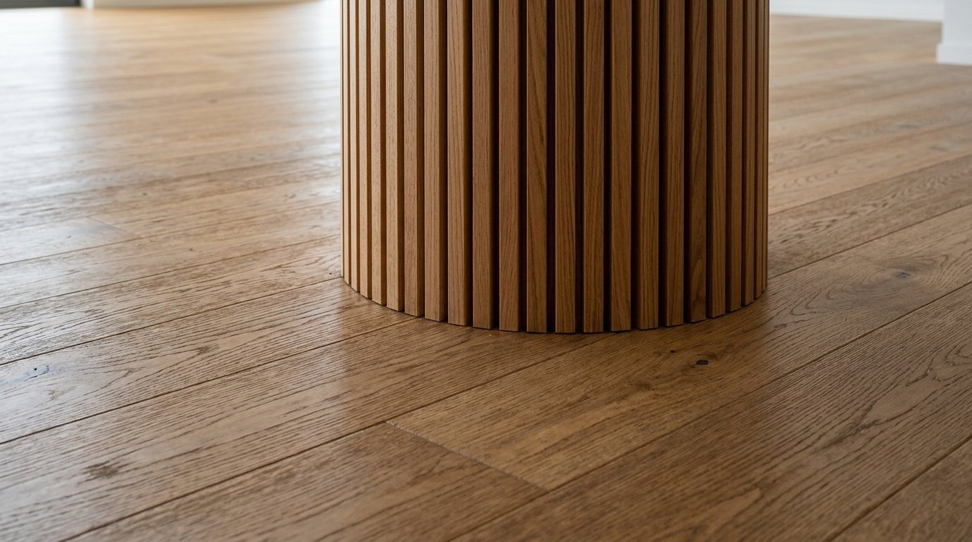 Distressed Oak flooring precision-cut around a curved wood-slat column.