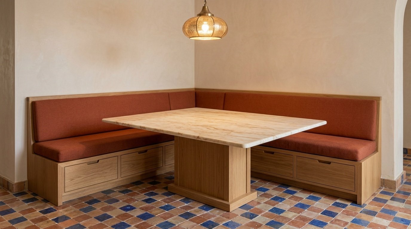 Custom wraparound dining banquette with drawer storage and marble-topped built-in table base in a UAE family villa by Karnak Carpentry