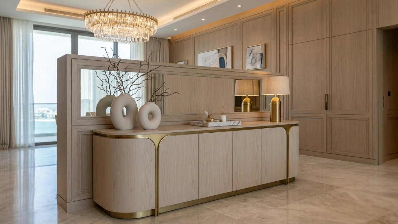 A custom light ash curved sideboard and decorative wall paneling in a formal Palm Jumeirah dining room.