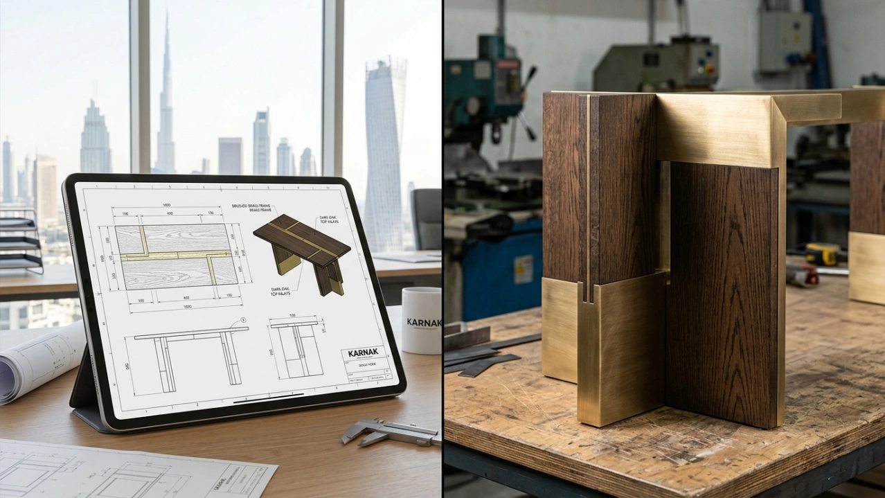 CAD design drawing and the corresponding fabricated metal and wood base for a custom dining table in Dubai.