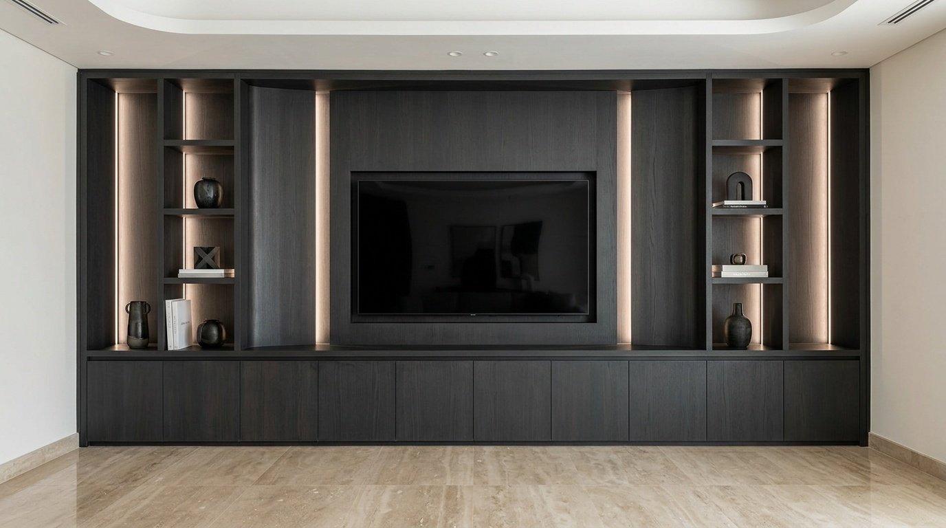 Built-in floor-to-ceiling entertainment wall unit in charcoal veneer with LED lighting in UAE villa living room