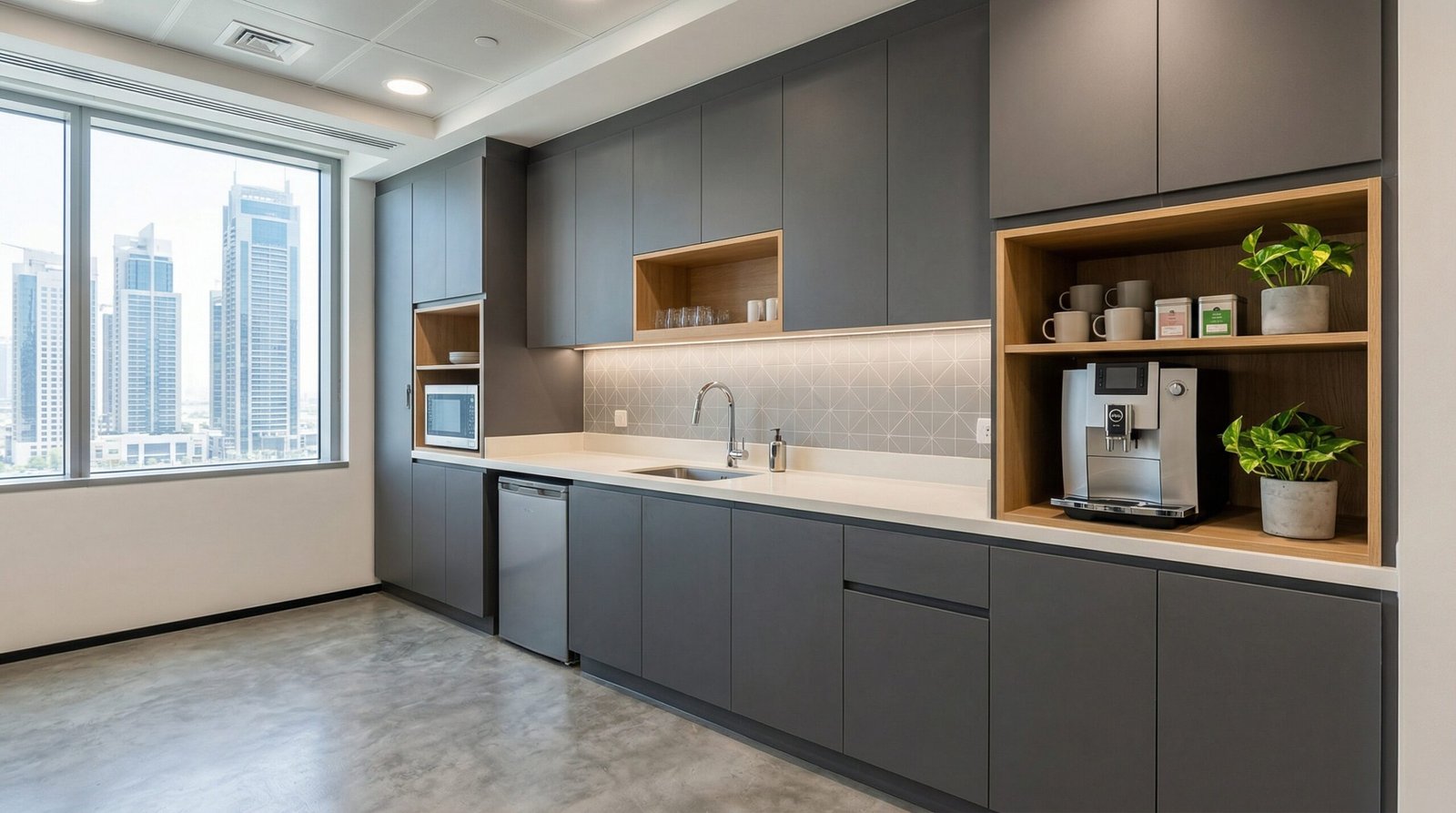 Modern custom fitted office pantry with matte cabinets and solid surface counter in Business Bay.