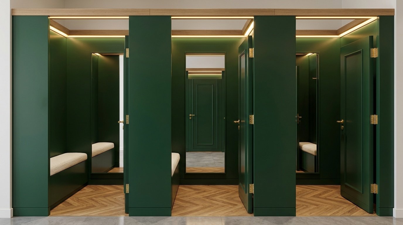 Built-in fitting room cubicles with integrated mirrors and brass hardware in a UAE fashion boutique fitted by Karnak Carpentry