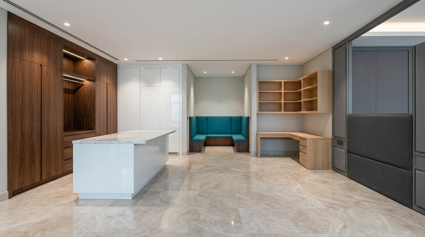 Five custom furniture categories displayed across one UAE residential space including wardrobes, kitchen island, dining banquette, and headboard wall by Karnak Carpentry