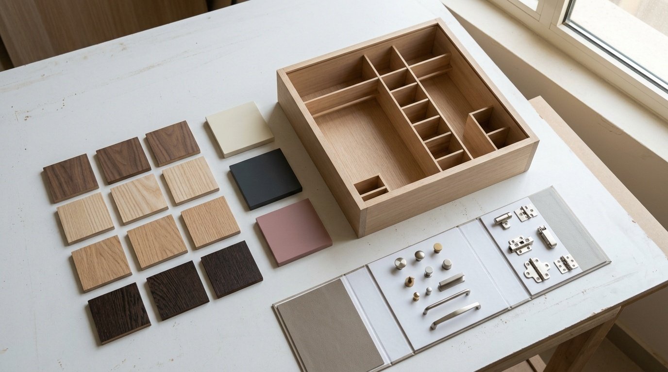 Wood veneer samples, lacquer finish blocks, hardware swatches, and scaled wardrobe mockup in a UAE carpentry design planning process by Karnak Carpentry