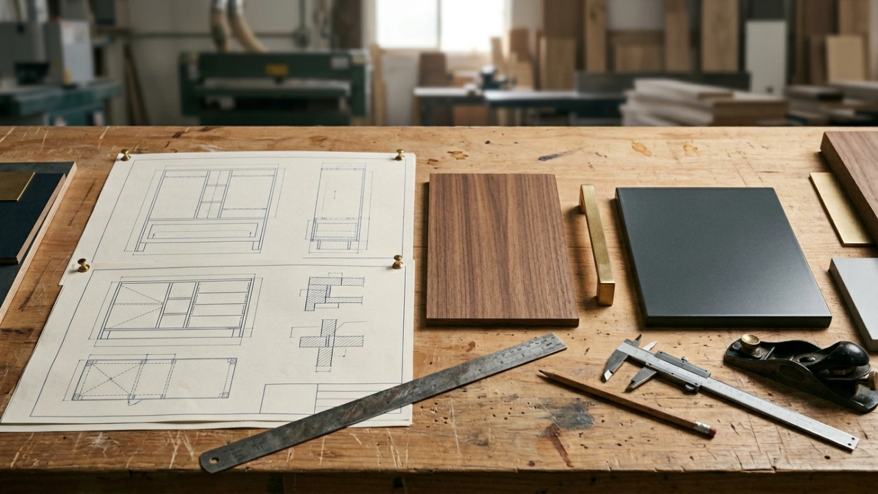 Material samples and technical drawings lay on a workshop bench representing Karnak's detailed design process.