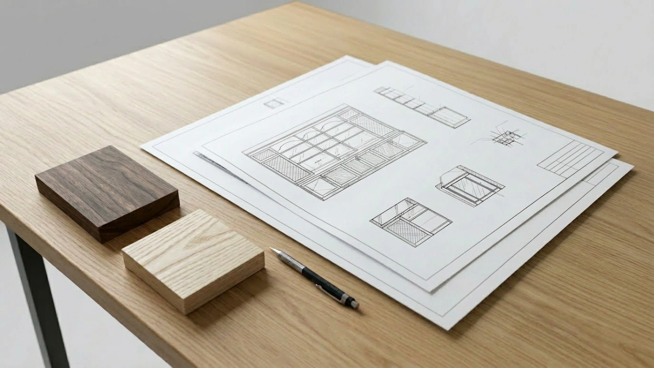 Detailed technical blueprints and physical wood samples on a desk representing a clear custom joinery quotation.