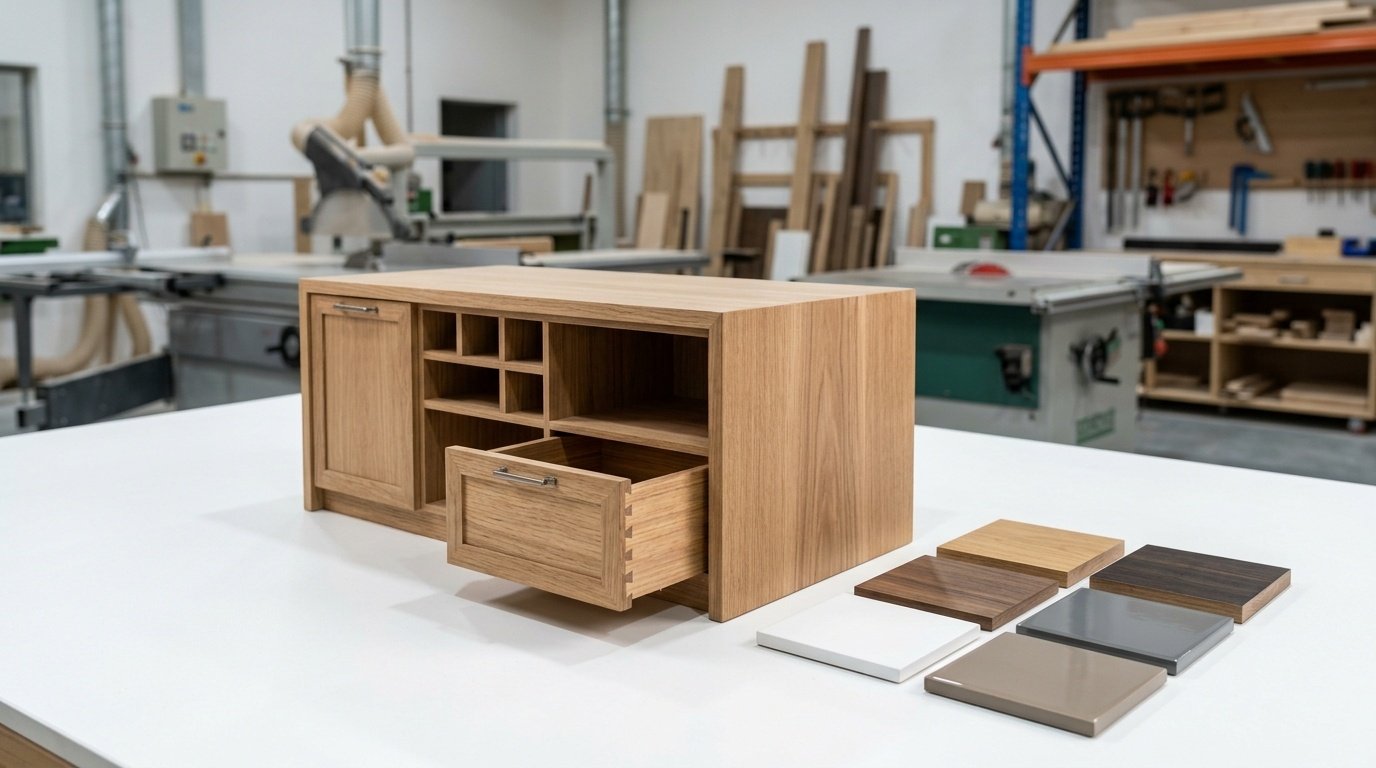Precision 1:5 scale wooden prototype model of a custom kitchen island with material samples in a UAE carpentry workshop by Karnak Carpentry