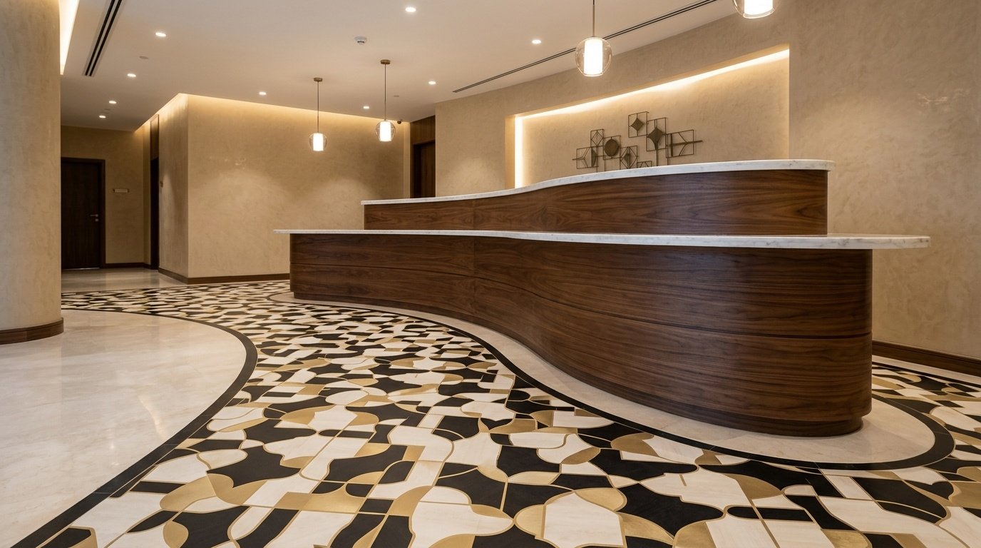 Custom geometric LVT patterns tracking the curve of a bespoke wooden reception desk in a Sharjah hotel.