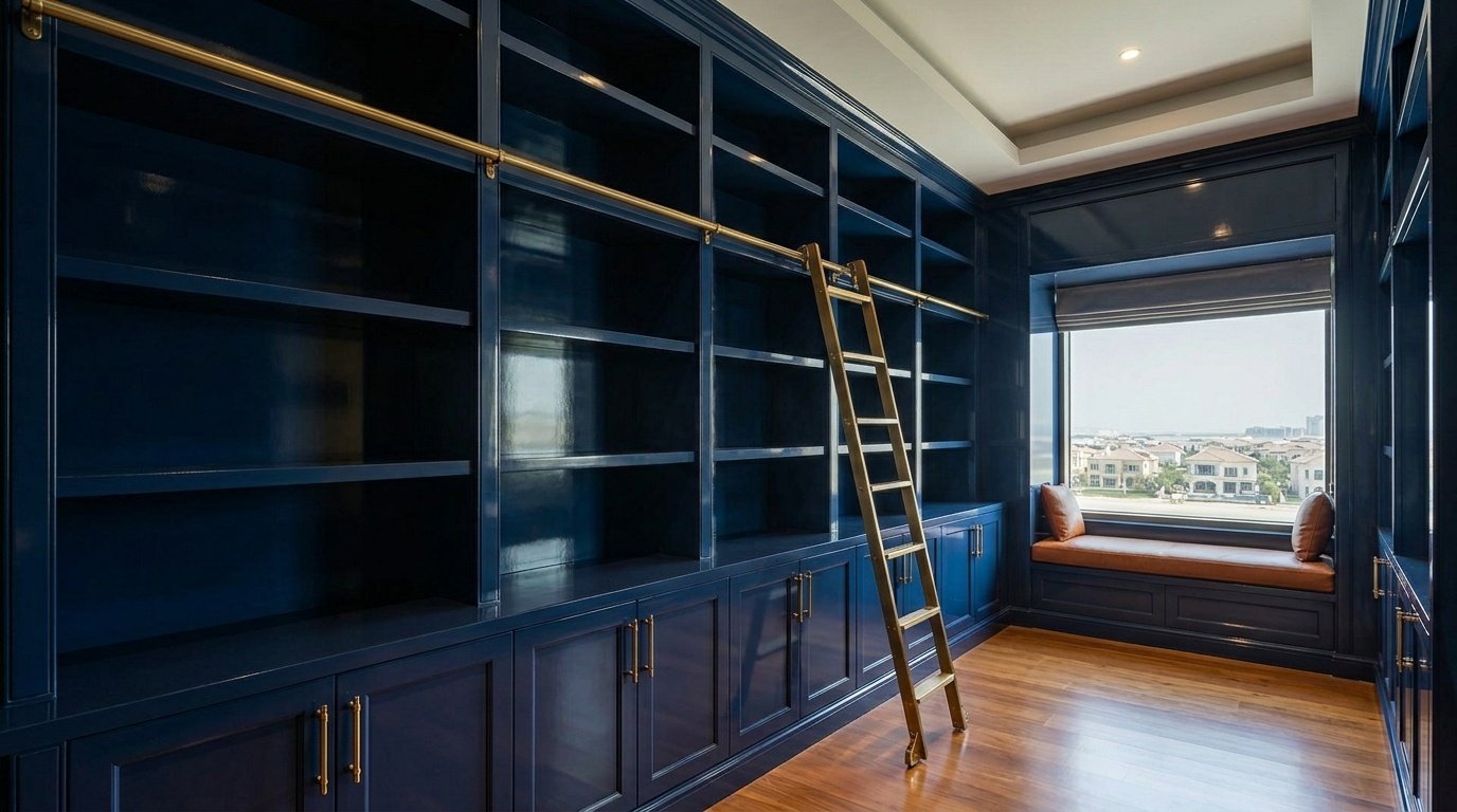 Custom floor-to-ceiling fitted home library wall in navy blue lacquer with brass ladder rail in Palm Jumeirah villa