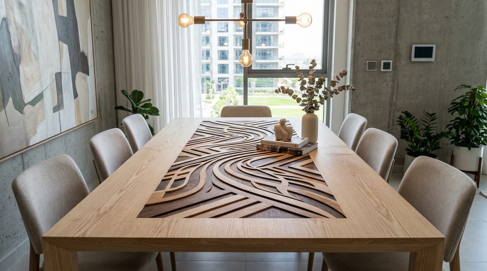 Bespoke dining table with custom wood inlay design, Karnak Carpentry project in Dubai Production City.