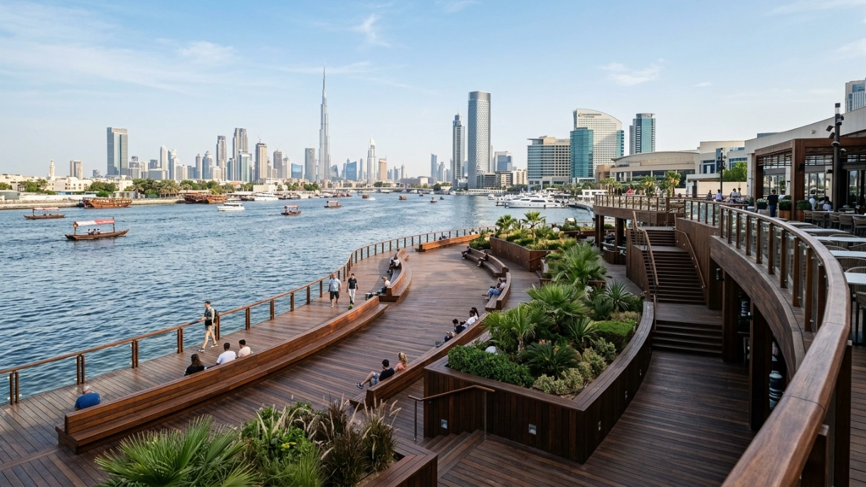 Large custom Ipe wood multi-level decking and integrated seating installed creekside in Dubai Festival City by Karnak Carpentry.