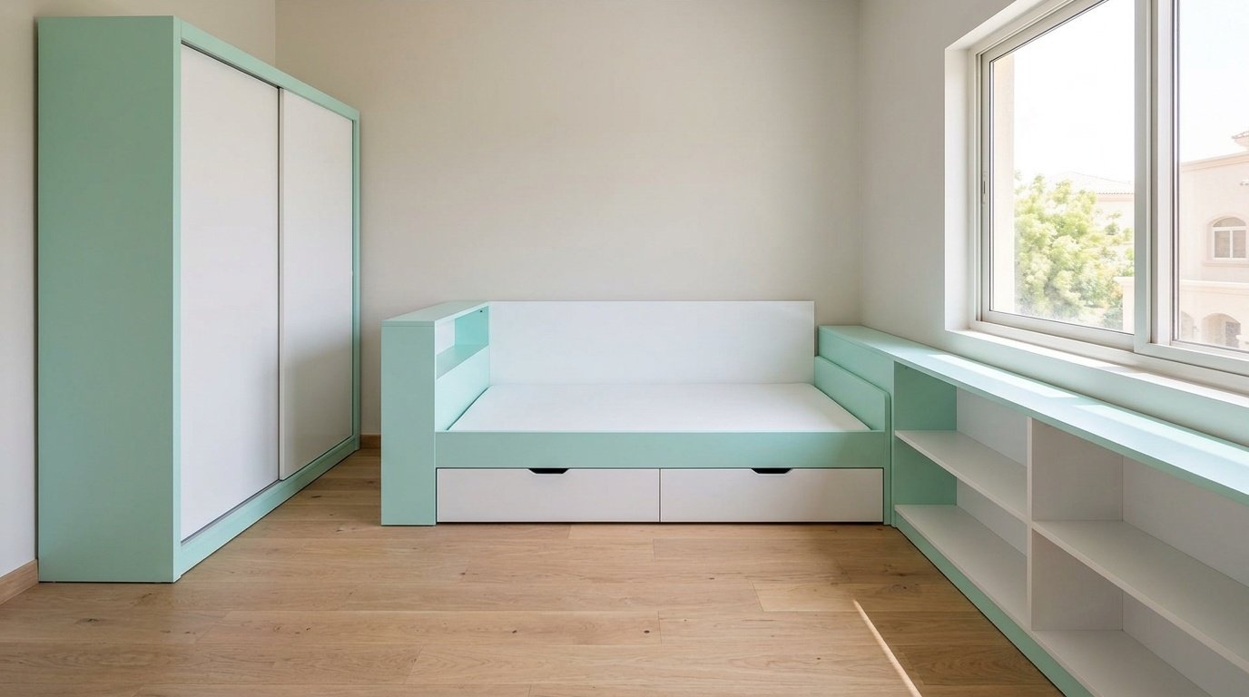 Built-in kids bedroom furniture in pastel mint and white lacquer with under-bed storage in Sharjah villa