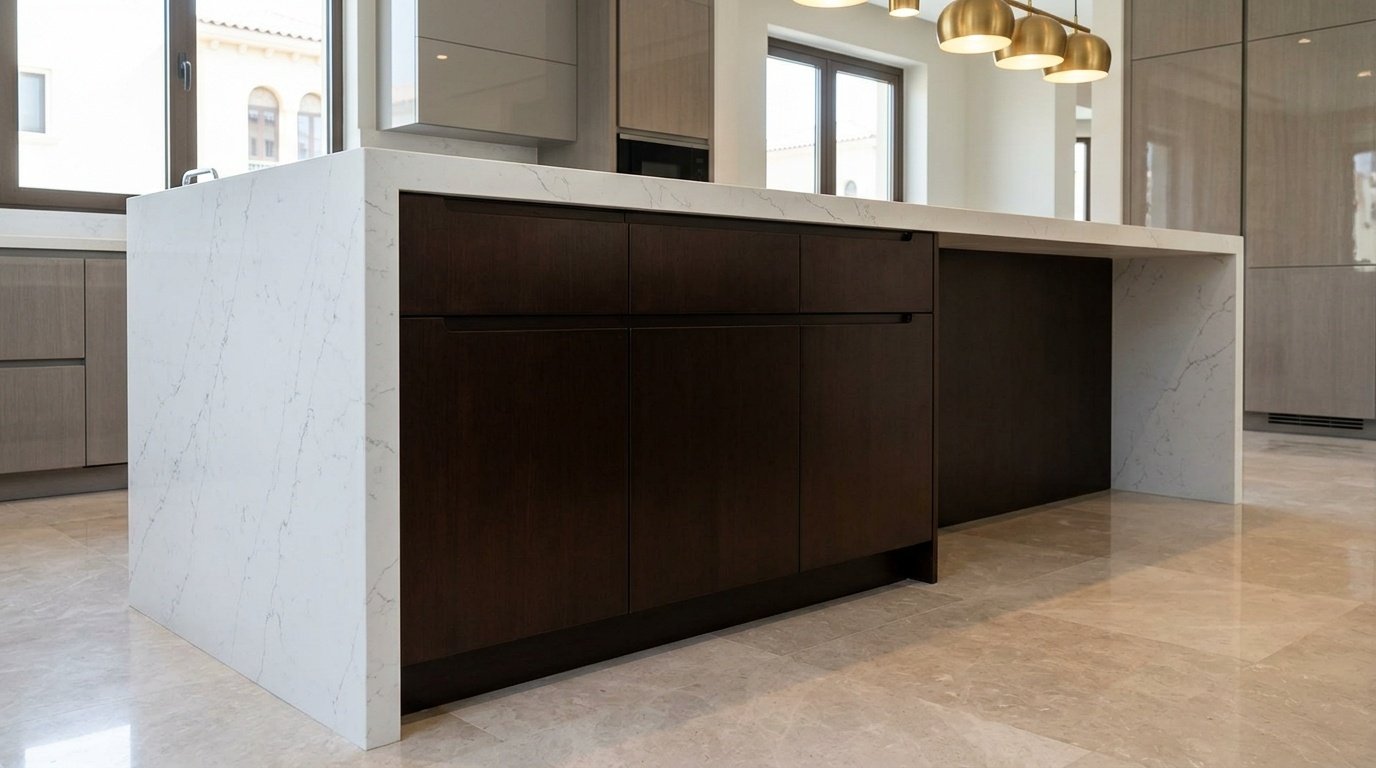 Custom built-in kitchen island in espresso lacquer with quartz waterfall countertop in Silicon Oaks Dubai townhouse