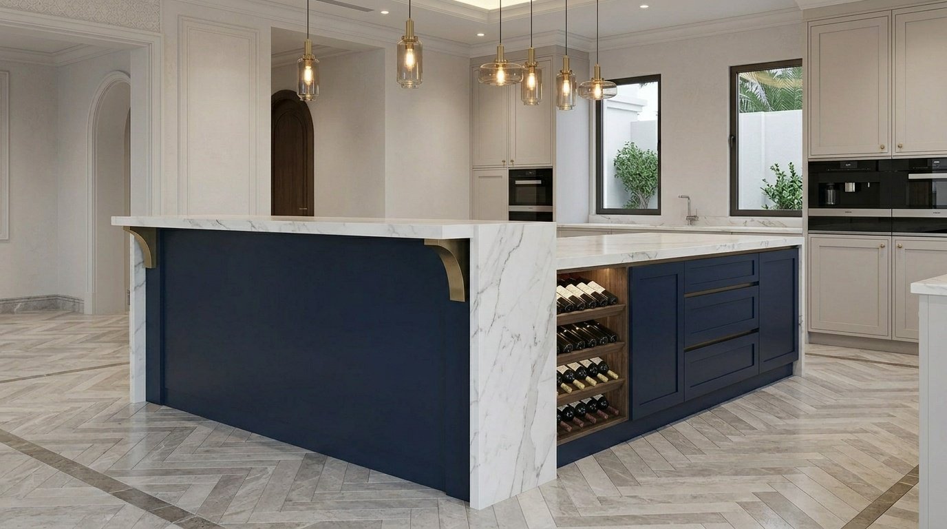 Two-tone navy lacquer and Calacatta marble custom kitchen island with built-in wine rack and pull-out drawers in a UAE villa by Karnak Carpentry