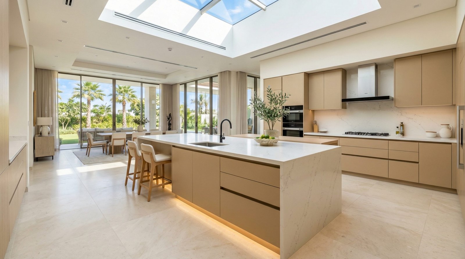 Custom two-tone kitchen island with quartz countertop in open-plan UAE villa kitchen with skylight natural lighting
