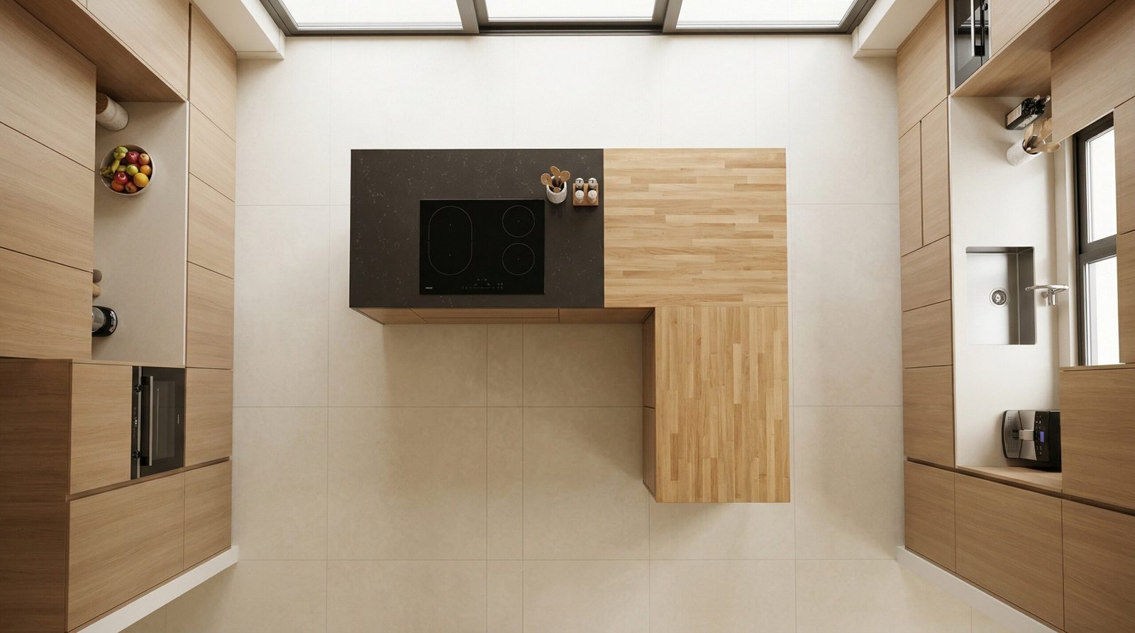 Birds-eye view of custom L-shaped kitchen island with optimal clearance walkways and dual countertop zones in UAE open-plan kitchen