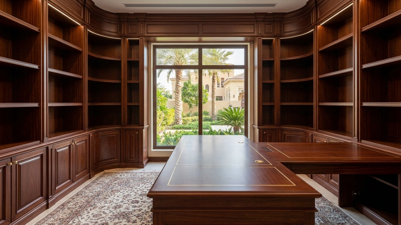 Prestigious mahogany floor-to-ceiling built-in study shelving and integrated desk in an Arabian Ranches home office.