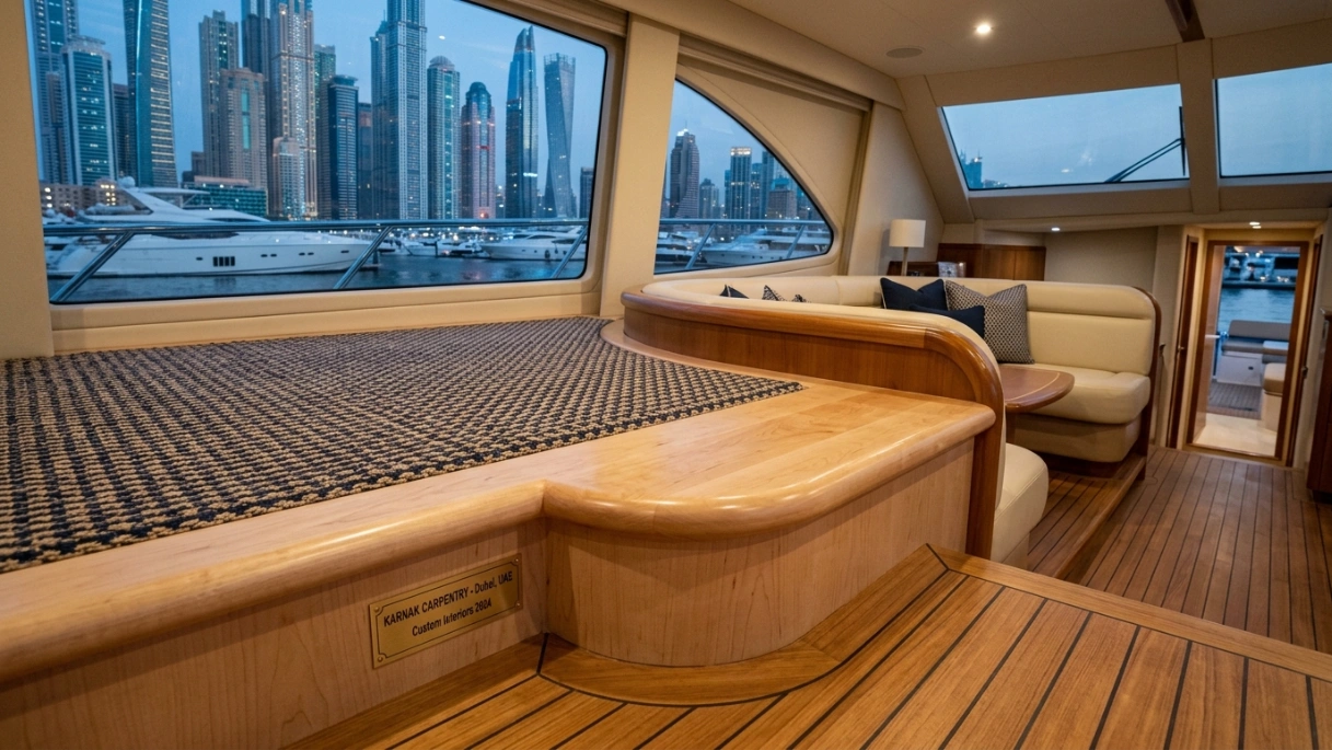 Detailed solid maple wood nosing and flush transitions installed around a raised lounge area on a yacht in Dubai Marina by Karnak Carpentry.