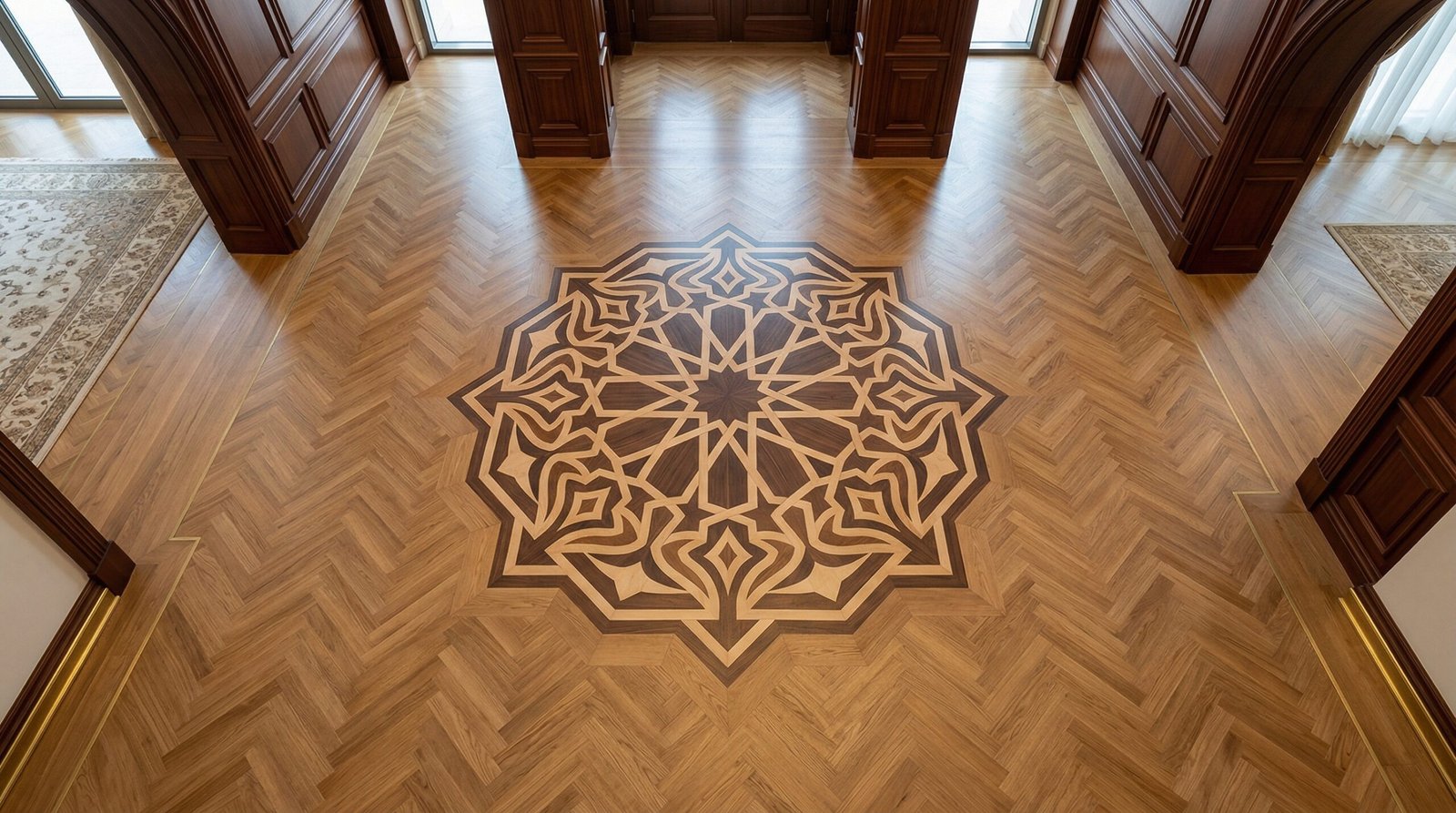 Intricate custom medallion parquet floor center piece installed in a large UAE villa foyer.