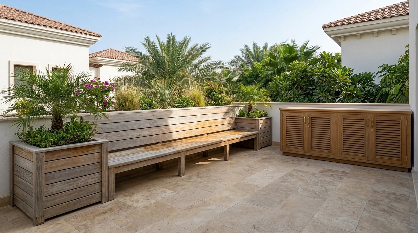 Custom built-in outdoor teak bench with integrated planter boxes and marine-grade storage cabinet on a Dubai villa terrace by Karnak Carpentry