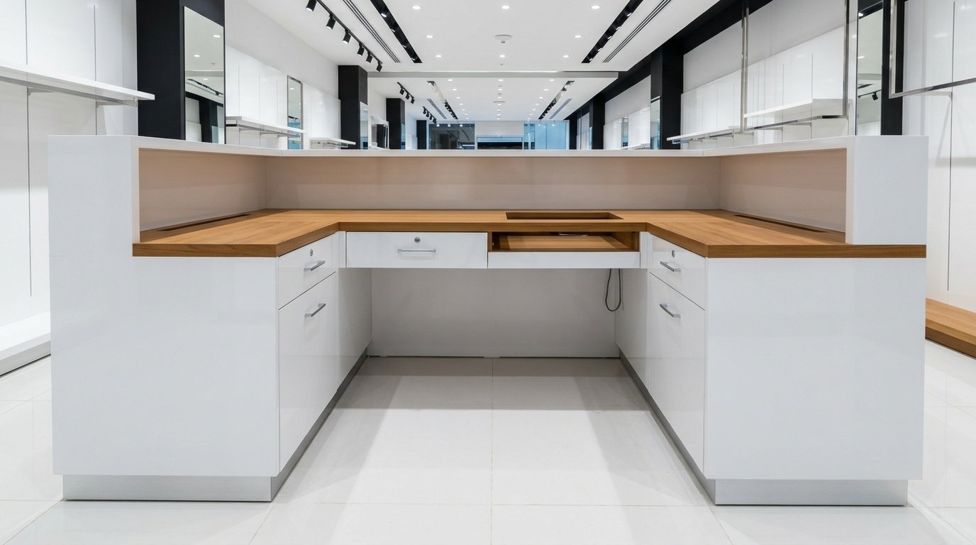 L-shaped two-tone POS millwork counter with teak solid surface and integrated storage in a Dubai retail outlet by Karnak Carpentry