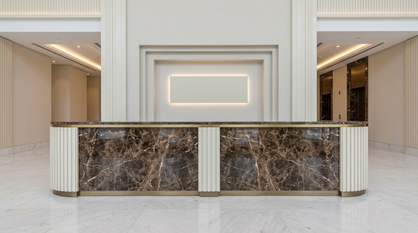 Monumental custom-built reception counter with fluted wood uprights and backlit alcove in a Dubai corporate lobby by Karnak Carpentry