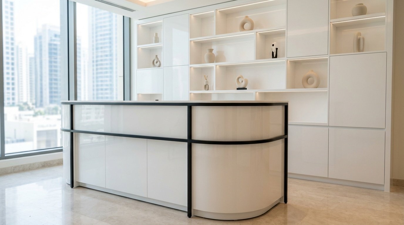Custom built-in home office reception desk and wall unit in gloss white with black accents in Business Bay Dubai