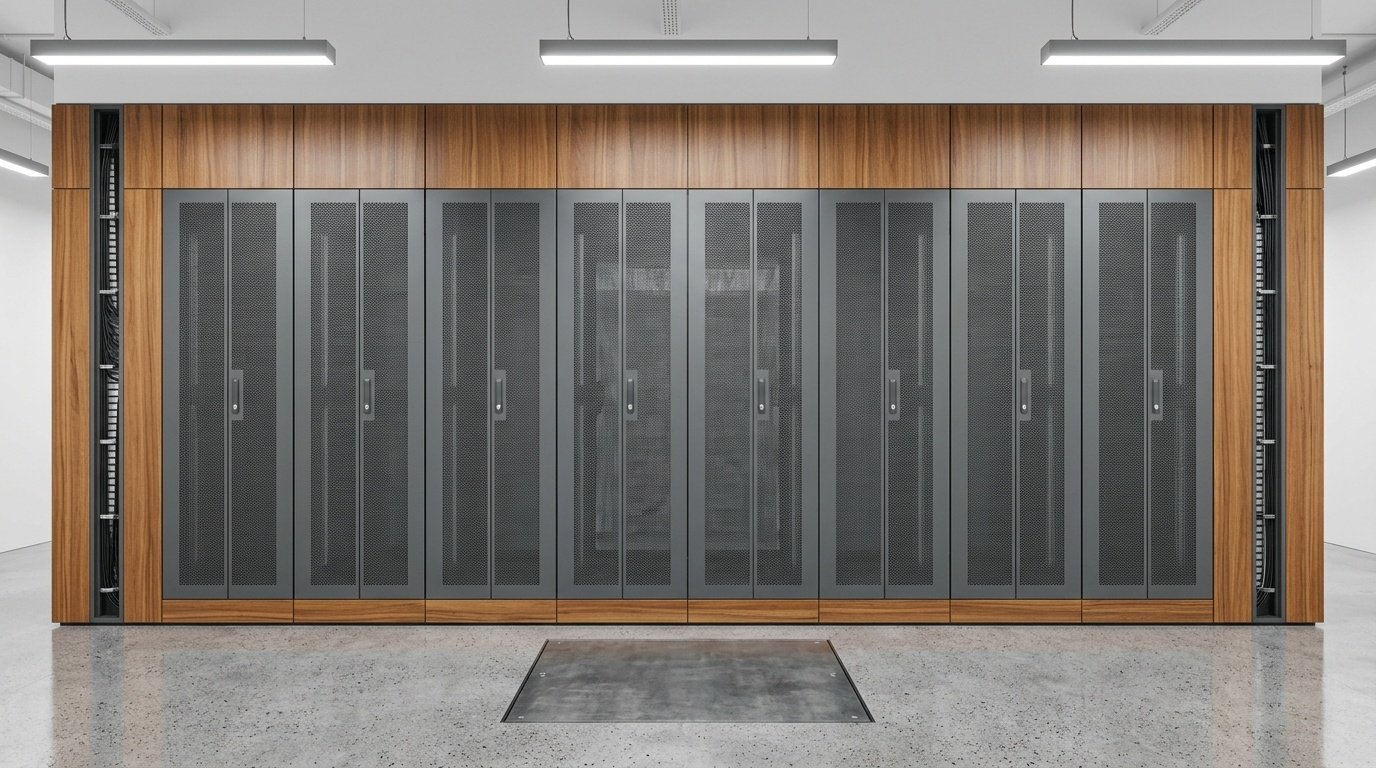 Bespoke built-in IT housing wall with ventilated perforated panel doors in a UAE tech company office by Karnak Carpentry