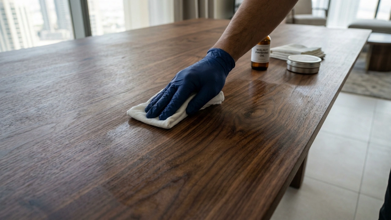 Protective oil application for ongoing maintenance of a custom solid walnut dining table in a Dubai apartment