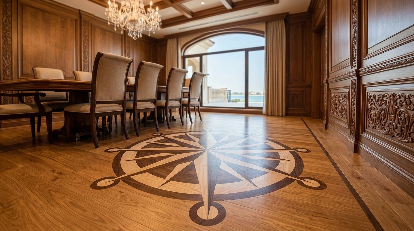 Custom geometric compass rose wood inlay in an engineered oak floor of a Palm Jumeirah villa.