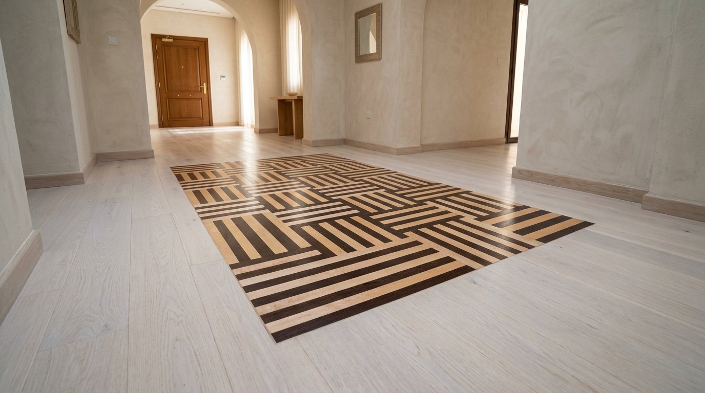White washed Oak flooring with an inlaid Maple and Wenge wood rug pattern.