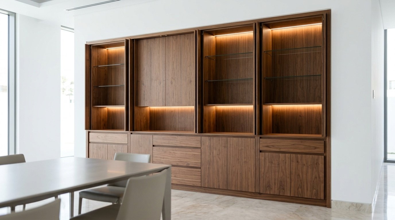 Custom Built In Walnut Dining Cabinet Inside A Luxury Dubai Villa.
